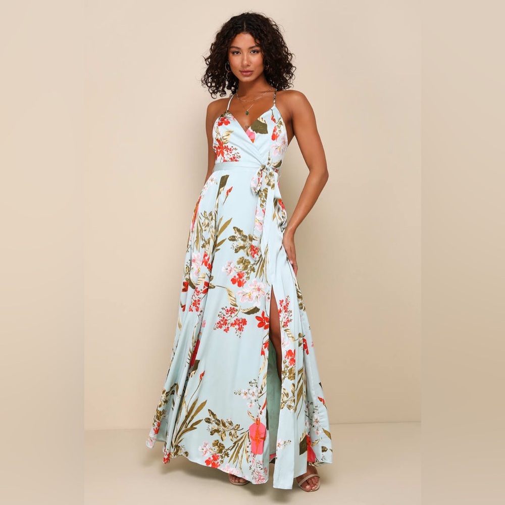 Lulu's Floral Maxi Dress in Light Blue and Red
